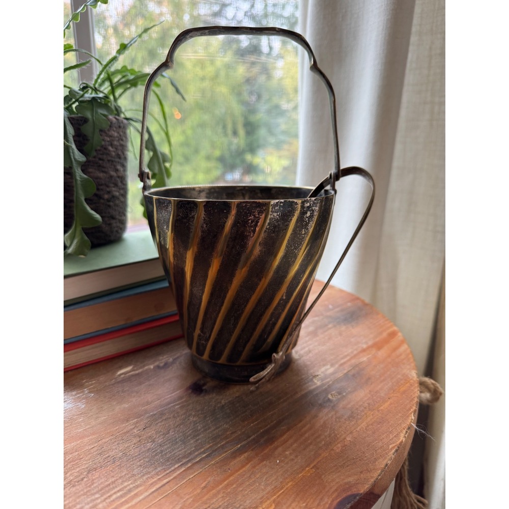 Vintage Brass Ice Bucket with Claw Tongs India Spiral Ribbed Barware Set